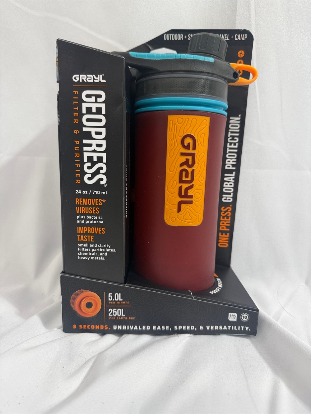 Geopress Filtered Water Bottle - Red with Orange Accent